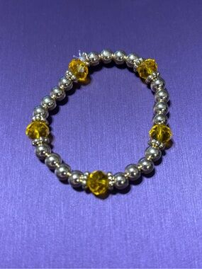 Yellow Glass Faceted Bead & Gold Round Bead Stretch Bracelet Small Wrist